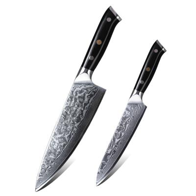 China Durable Professional 2 Piece Damascus Steel Kitchen Knife Set With Black G10 Handle for sale