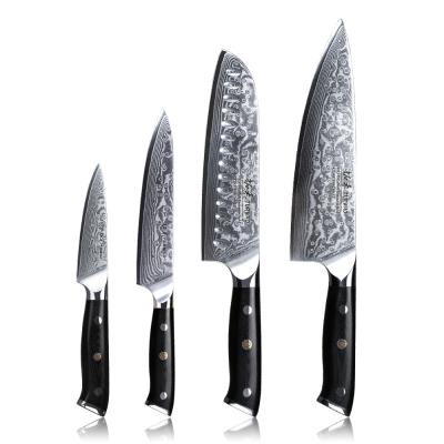 China Durable Professional 4 Piece Damascus Steel Kitchen Knife Set With Black G10 Handle for sale