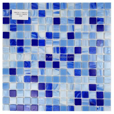 China Cheap gold line swimming pool blue square glass mosaic parquet slab for sale