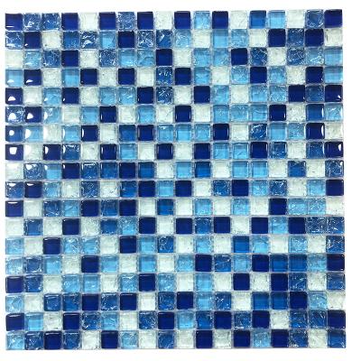 China Bathroom Klein Mix Parquet Blue White Iridescent Dark Blue Crack Wave Glass Mosaic Slab for sale