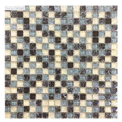 China Mix Parquet Gray Brown And Bathroom And Kitchen Backsplash Beige Iridescent Dark Blue Crackle Wave Glass Mosaic Slab for sale