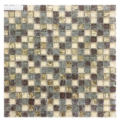 China Parquet factory price mix coffee brown iridescent dark wave crackle bathroom and kitchen glass mosaic tile for sale