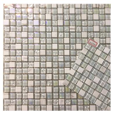 China Superb White White White Iridescent Crackle Wave Plating Crystal Stone Nature Parquet Mix Bathroom And Kitchen Glass Mosaic Slab for sale