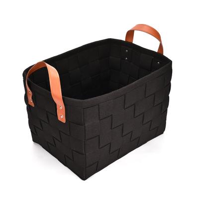 China Sustainable Wholesale Home Bedroom Woven Laundry Hamper Felt Storage Hamper Boxes With PU Handle for sale