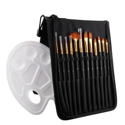 China 12 Pcs Wooden Handle Nylon Hair Oil Watercolor Drawing Paint Brushes Artist Paint Brush Set with Plastic Palette for sale