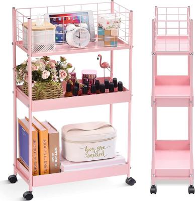 China Easy Assemble 3 Tier Metal Cart Pink Mesh Cart With Lock Pink Rolling Service Cart With Handle For Office Kitchen Bar for sale