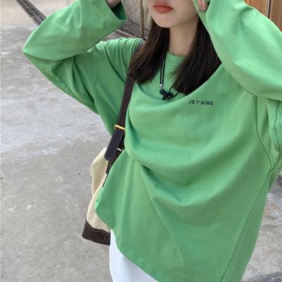 China Wild Casual Korean Style Anti-Shrink Long Sleeve Printing Long Sleeve Cotton Green T-Shirt For Women With High Quality for sale