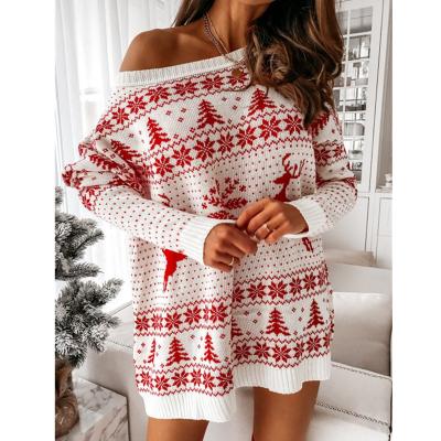 China Anti-wrinkle Sales Women Sweater O-Neck Women Christmas Sweater Dress Loose Knitted Embroidery Winter for sale