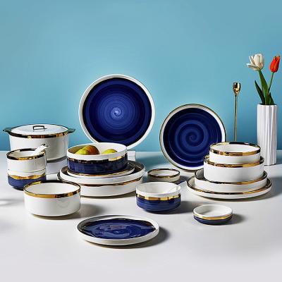 China Amazon hot sales restaurant stocked luxury tableware glazed melamine blue fancy dinner dish set for wedding for sale