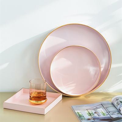 China Factory Stocked Manufacture Round Pink Melamine Printing Platter Custom Bar Beer Serving Tray With Two Handle for sale