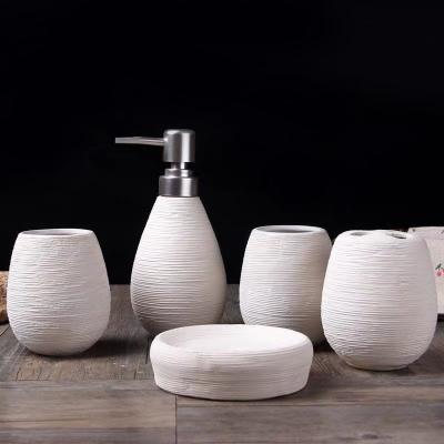 China Viable with Soap Dispenser, Toothbrush Holder, Tumbler and Soap Dish 5 Piece Ceramic Bathroom Set for sale