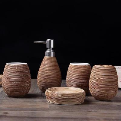 China Sustainable Luxury with Ceramic Soap Dispenser, Toothbrush Holder, Tumbler and Soap Dish 5 Piece Bathroom Accessory Set for sale