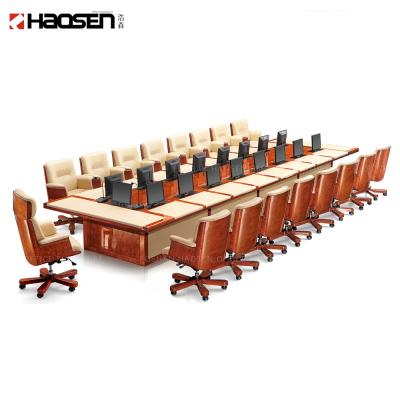 China Meeting Room Desk Extendable Luxurious Leather Upscale LCD Raised and Lowered Conference Table for sale