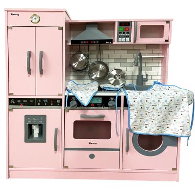 China Play Pink Kids Kitchen Preschool Baking Toys Pretend Big Wooden Kitchen Kids Cooking Play Set Toy for sale