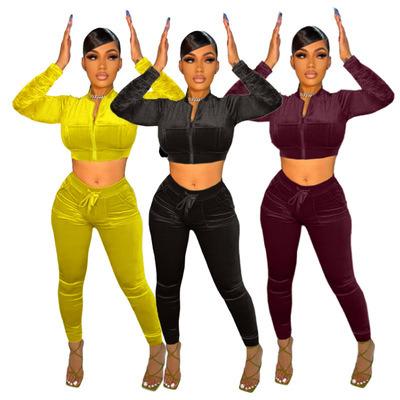 China Joskaa Women Clothing Solid Zipper Two Piece Casual Full Sleeve Crop Tops And Joggers Pants Matching Set 2021 Fall Tracksuits for sale