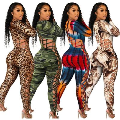 China Sexy Women Leopard Winter Autumn Joskaa Bandage Overalls Tie Cut Dye Long Sleeve Camouflage Bodycon Overalls for sale