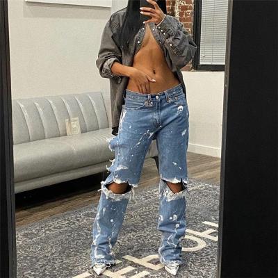 China Joskaa Sexy Ripped Jeans Fashion Leg Mid Waist Viable Straight Jeans For Women Vintage Blue Streetwear 2022 Summer Denim Pants for sale