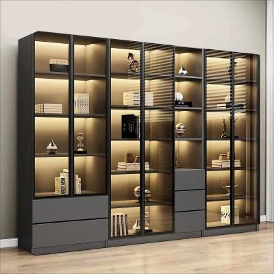 China Glass Door LED Light Display Cabinet (Size) Adjustable Custom Wooden Books Chest Storage Organizer for Living Room Study Bookcase for sale