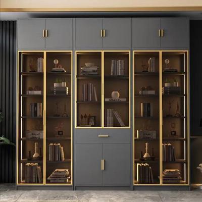 China (Size)Adjustable Custom Modern Wooden Book Storage Cabinet Books Case Glass Door With LED Light Display Bookcase for sale