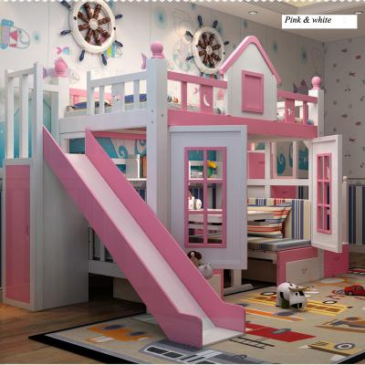 China Modern Solid Wooden Kids Bedroom Furniture Princess Castle With Slide Storages Cabinet Double Stairs Kids Bed for sale