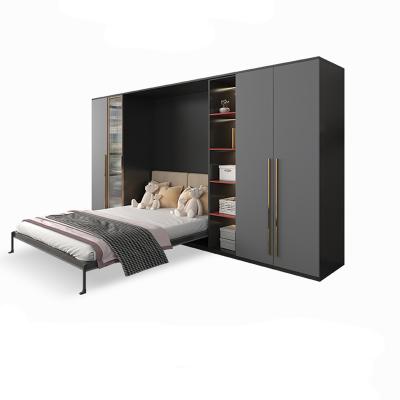 China Adjustable Wall(Height)Bedroom Murphy Bed Folding Mechanism Custom Study Furniture With Cabinets Bookcase Glass Door Shelves for sale