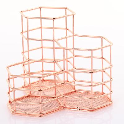 China Pen Holder Rose Gold Iron Art Storage Tube Nordic Viable Debris Storage Hexagonal Desktop Sorting Basket Combination Ins for sale