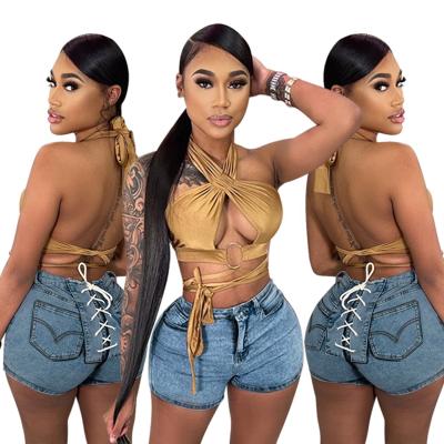 China 2022 new arrival viable summer waist bandage blue jeans top shorts for women corn supply eyelets washed stretch booty denim lace-up boxer shorts for sale