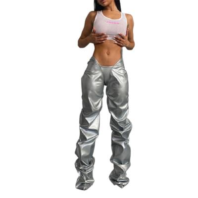 China Pants leather new arrivals spring fashion women's pants 2022 shiny stacked faux leather pants woman low waist trousers for sale