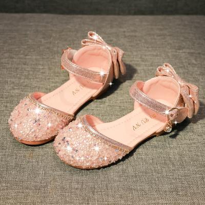 China Elegant Summer Girl Sandals Shoes Pu Leather Bowknot Design Flat Sole Sequin Sandal for Kids Girls for sale