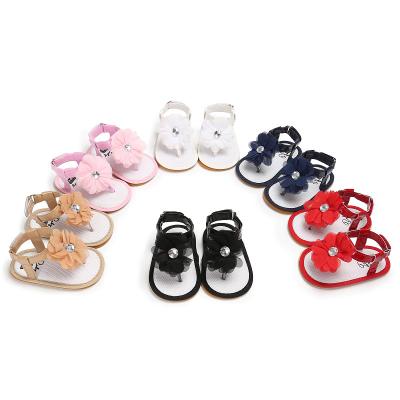 China Solid Color Soft Sole Flower Shape Baby Sandals Rhinestones T-strap Mesh Flower Baby Sandals Shoes for sale