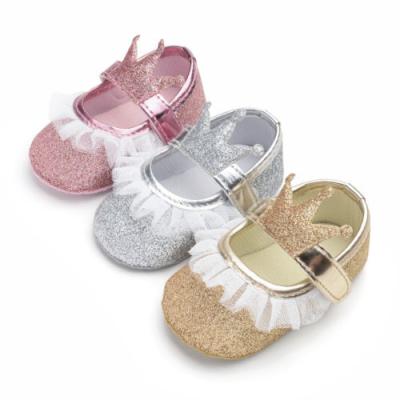 China New Pvc Sequins Baby Casual Shoes Lace Macrame Design Crown Shape Baby Girl Princess Shoes for sale