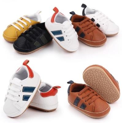 China Newborn Pu Leather Baby Casual Shoes Rubber Sole Striped Print Toddler Baby Casual Walking Shoes for sale