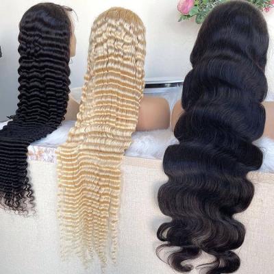 China Fast Shipping Deep Wave Hair 180%density 13*4 HD 100% Indian Virgin Hair Lace Frontal Wig Hair for sale