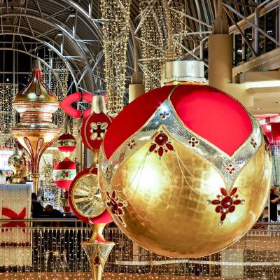 China City Center Plaza Large Christmas Yard Balls Fiberglass Hanging Hotel Lobby Ceiling Decoration  Colourful Christmas Balls with Lights for sale