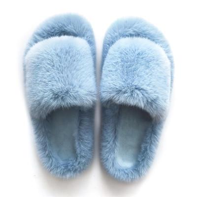 China Fashion Trend Luxury Bunny Furry Faux Fur Women Slipper, Flat Comfy Hairy Slides Plush Fur Women Slippers Wholesale for sale