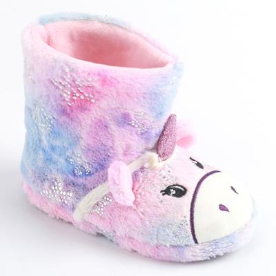 China Indoor Foil Printed Lovely Plush Fur Novelty Unicorn Boot Animal House Slippers For Kids Girls for sale