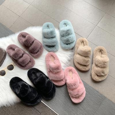 China Luxury Fashion Trend And Plush Fluffy Flat Faux Fur Comfort Slippers Open Toe Slides, Indoor Bedroom Home Women Fur Slides for sale