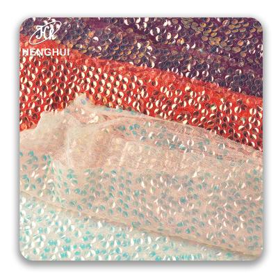 China Breathable Shinny Beaded 100% Polyester Fabric Textiles For Women Wedding Bridal Dress Fish Scale Pearl Mesh Sequin Fabric for sale