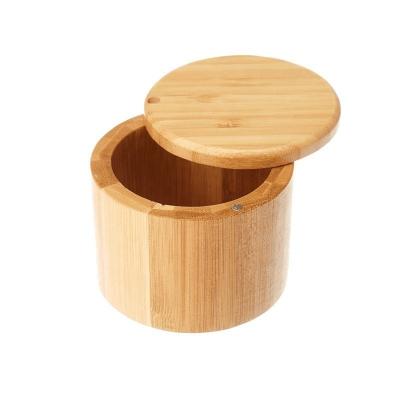 China Steamable Top Selling Lid Kitchen Box Eco-friendly Rotating Salt Can Bamboo Storage Tub With Customized Logo Acceptable for sale