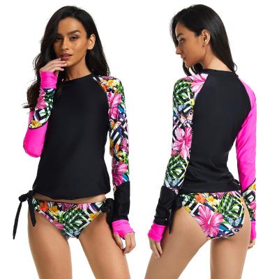 China UPF50 Long Sleeve Rashguard Red Color Block Print Swimwear Women Swimsuit Swimwear Swimsuits With Bottom for sale