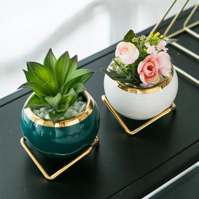 China Wholesale Modern Small Mini Simple Creative Succulent Planter With Metal Frame Zakka Combination Potting Porcelain Plant Ceramic Pots for sale