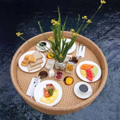 China Weave Floating Serving Trays Breakfast Tray Breakfast Cookie Dinner Handmade Vacation Rattan Pool Breakfast Float Dish For Hotel for sale