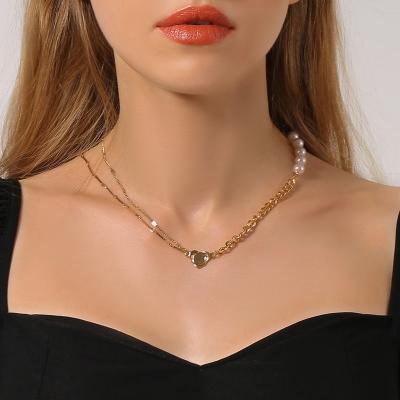 China FASHIONABLE Simple Pearl Necklace Personality Love Choker Asymmetric Splicing Chain Necklace for sale