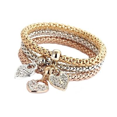 China European and American cute girl heart three-color bracelet charm faux stone eco-friendly alloy elastic band bracelet for sale