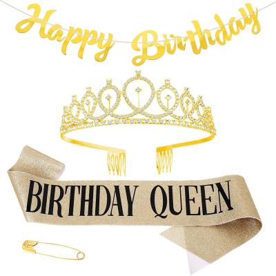 China Party Props Birthday Queen Sash and Rhinestone Tiara Kit, 3 Pcs Gold Rhinestone Crown Happy Birthday Banner Decoration for sale