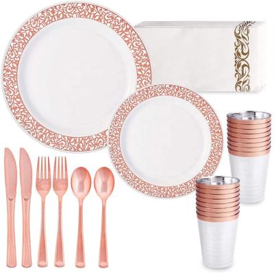 China 24 Party Guests Rose Gold Plastic Plates with Disposable Tableware 168 Pcs Perfect for Party Valentine Day Dinner for sale