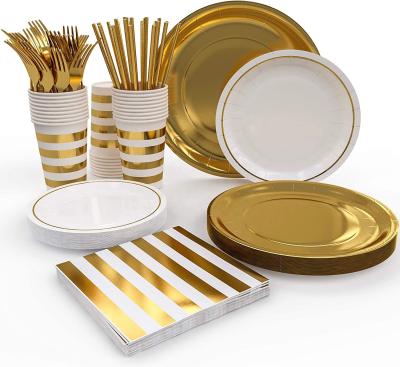 China Hot Selling Eco-friendly Gold Tableware Paper Plates With Napkin And Cup Straw Including Knife Fork Spoon Suit For Party Supplies for sale