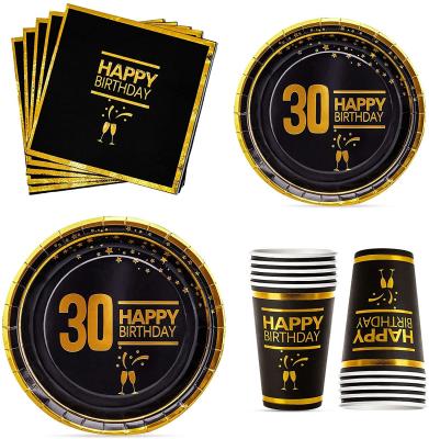 China Party supplies 30th cup napkin black and gold thin layer disposable paper tableware for 30th birthday party supplies for sale