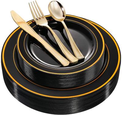 China Hot Selling Black Plastic Dishes Eco - Friendly With Black Framed With Gold Include Fork Spoon Knife For Party for sale