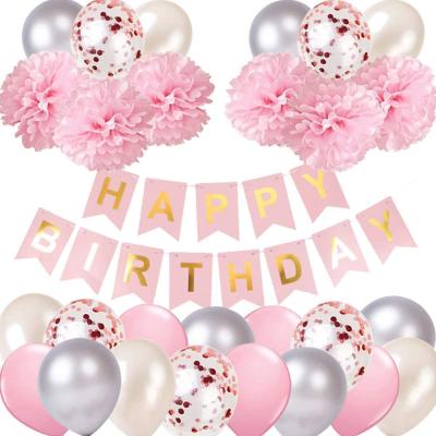 China Decoration Pink Birthday Party Decorations Happy Birthday Banner Paper Pom Poms Lace Up Silver White Balloons for sale